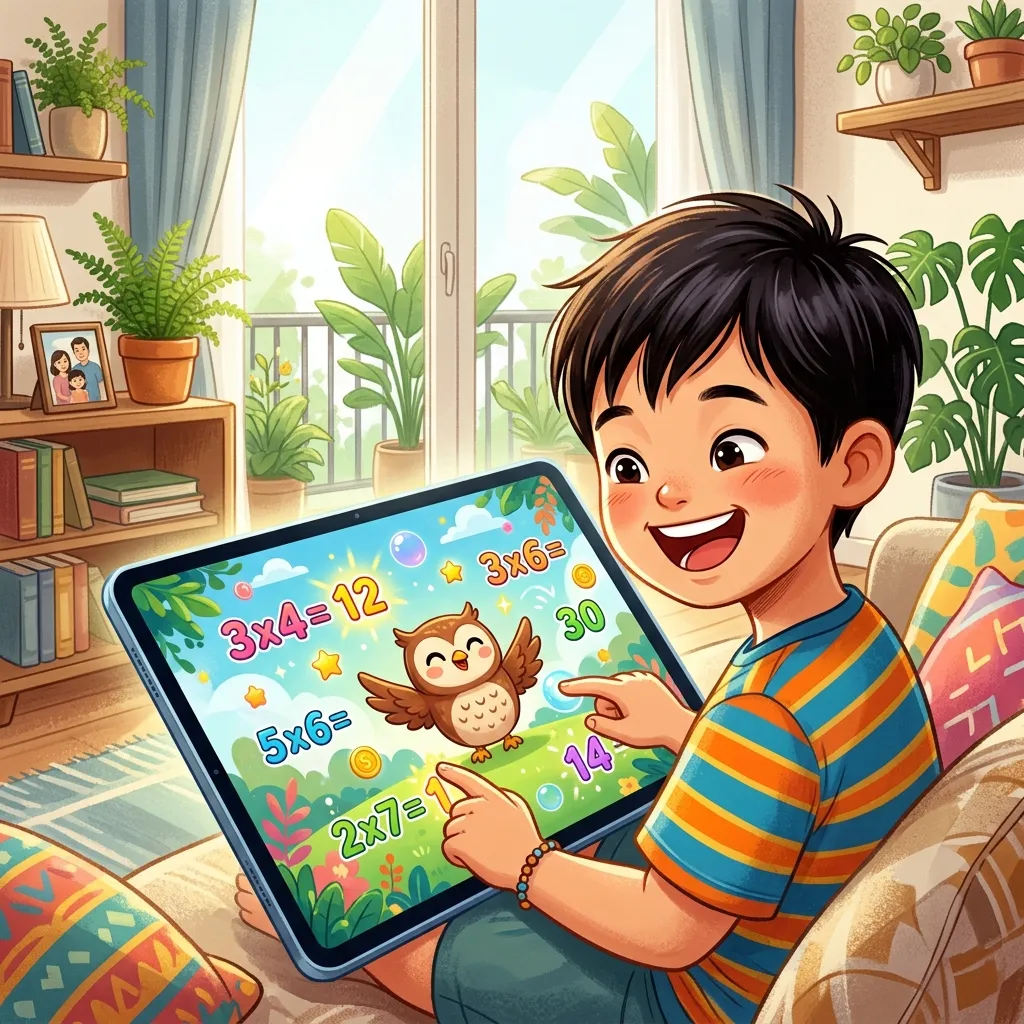 Bé hào hứng học bảng nhân qua trò chơi giáo dục trên máy tính bảng