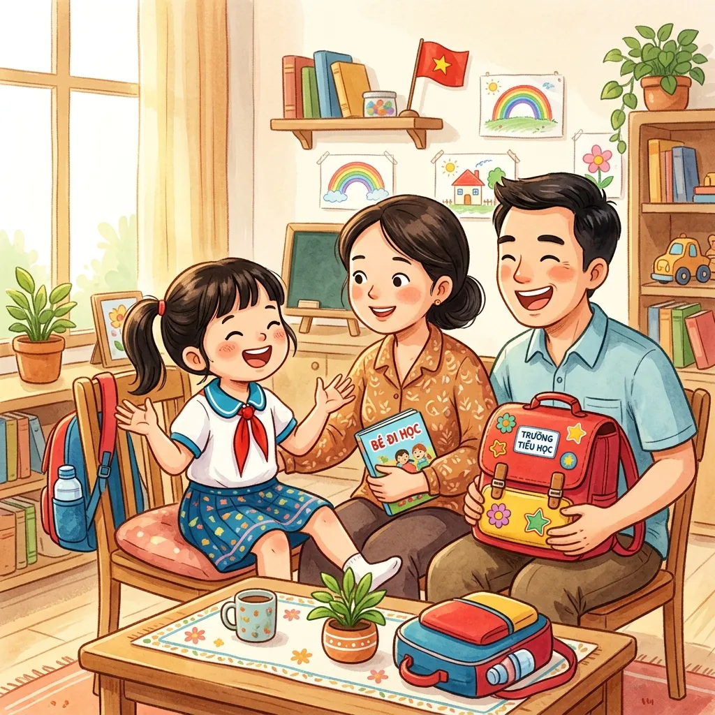 Ba mẹ trò chuyện chuẩn bị tâm lý cho bé vào lớp 1