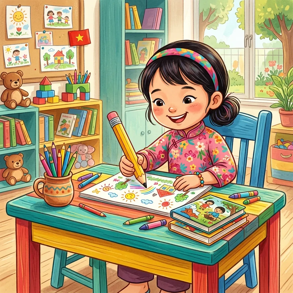 Bé ngồi học đúng tư thế, nét mặt vui tươi tập viết