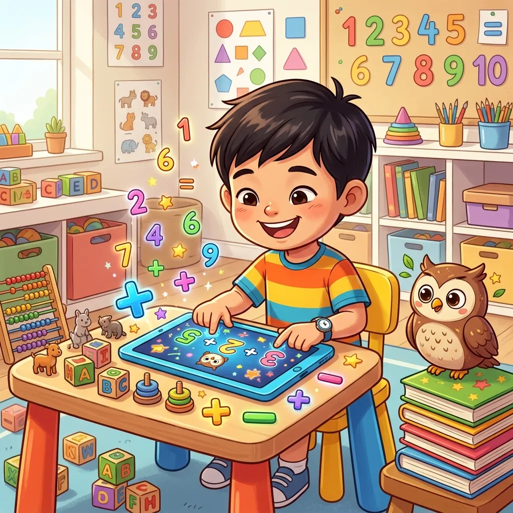 Bé hào hứng chơi game cộng trừ trên máy tính bảng với chú Cú Thông Minh