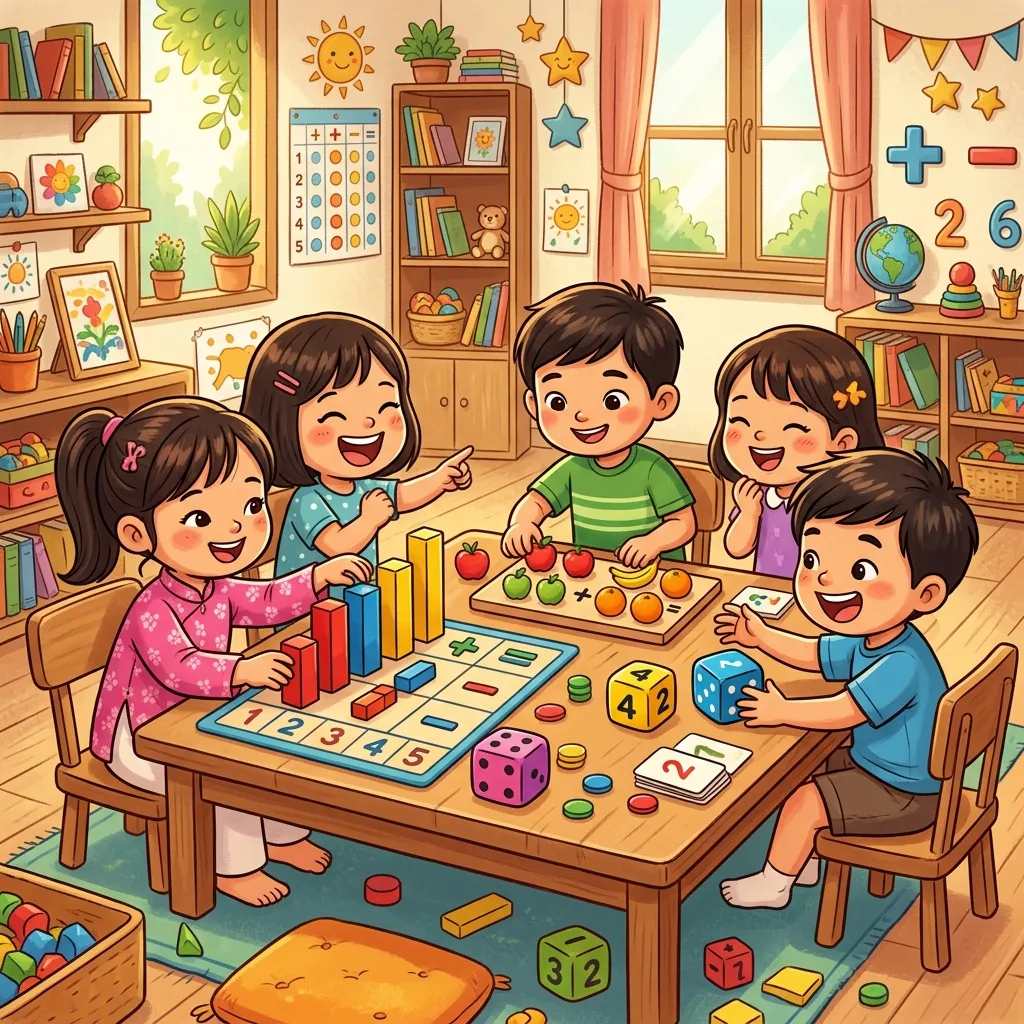 Nhóm bé chơi trò chơi cộng trừ với xúc xắc và khối Lego đầy sáng tạo