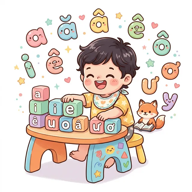 Bé hào hứng ghép các khối chữ cái thành vần tiếng Việt