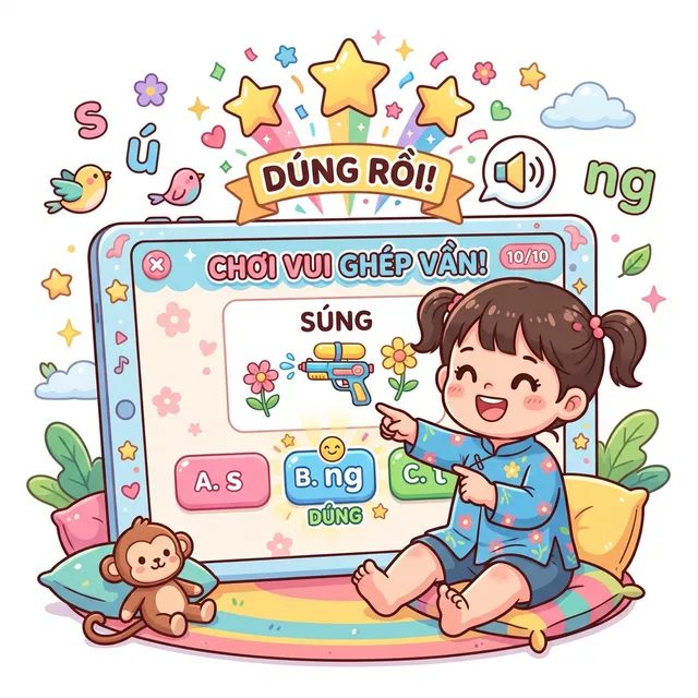 Bé vui sướng khi chọn đúng vần trong trò chơi đố vui