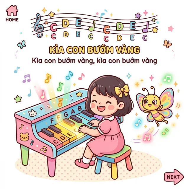 Bé chơi bài Kìa con bướm vàng theo phím đàn sáng dẫn đường