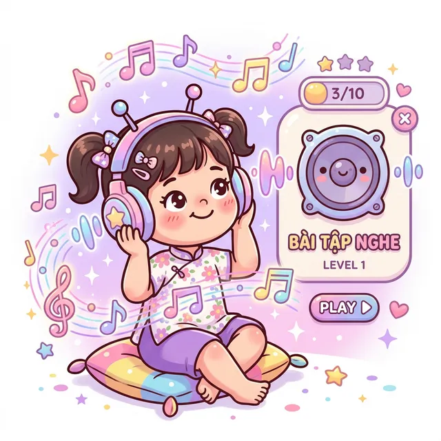 Bé đeo tai nghe tập trung lắng nghe và nhận biết nốt nhạc