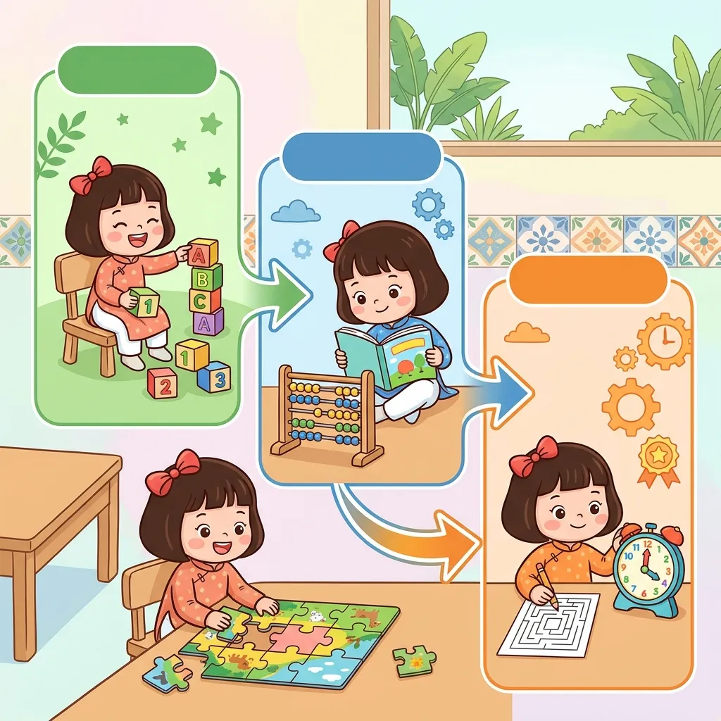 Minh họa 3 chặng học trong lộ trình tiền lớp 1 của Cú Thông Minh