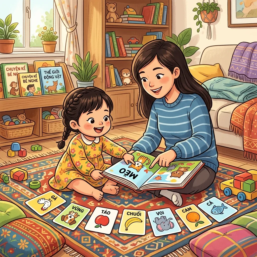Ba mẹ cùng bé học từ vựng qua sách tranh và flashcard