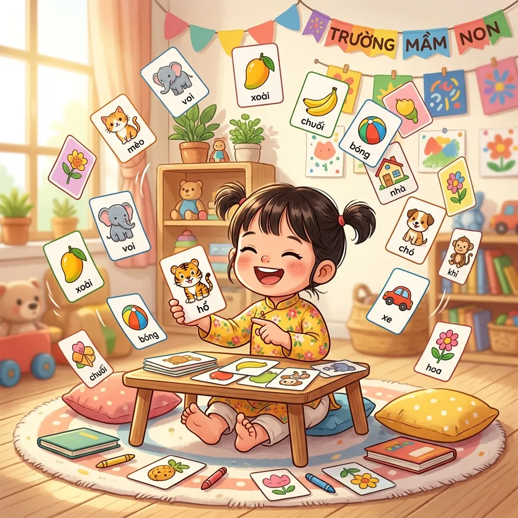 Bé hào hứng học từ vựng tiếng Việt qua thẻ flashcard và hình ảnh